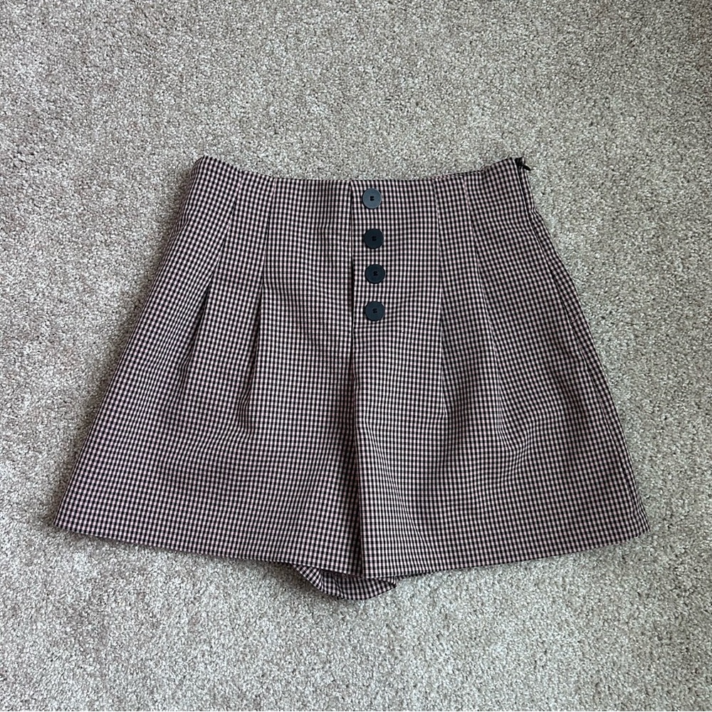 Zara Plaid High Waist Cotton Blend Pleated Shorts Side Zipper Size Medium